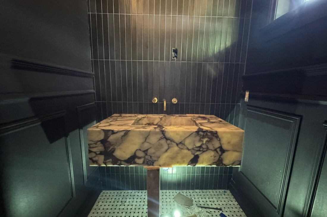 Custom Marble Calacatta Viona integrated sink vanity fabricated and installed in Abbotsford by Meva Granite Ltd. Expert marble, quartz, and granite countertop specialists serving Metro Vancouver.