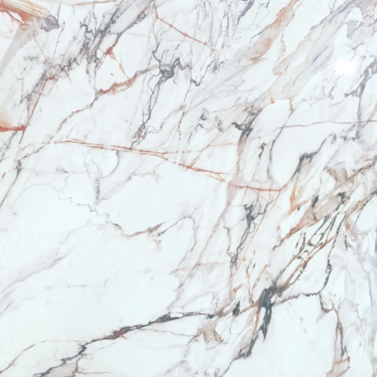 Picasso LQ111 printed quartz features dramatic blush, plum, charcoal and copper veining with bookmatch capability. Fabricated by MeVa Granite in Greater Vancouver.