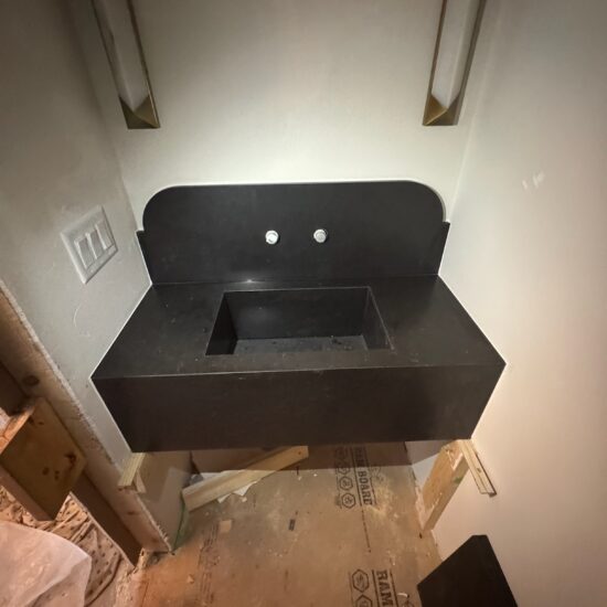 Silestone Corktown quartz bar, countertop, and integrated vanity sink installation in West Vancouver and Metro Vancouver including Vancouver, Burnaby, Coquitlam, Surrey, Delta, Maple Ridge, Port Coquitlam, North Vancouver and Downtown Vancouver. Seamless mitered sinks with waterproof fabrication.