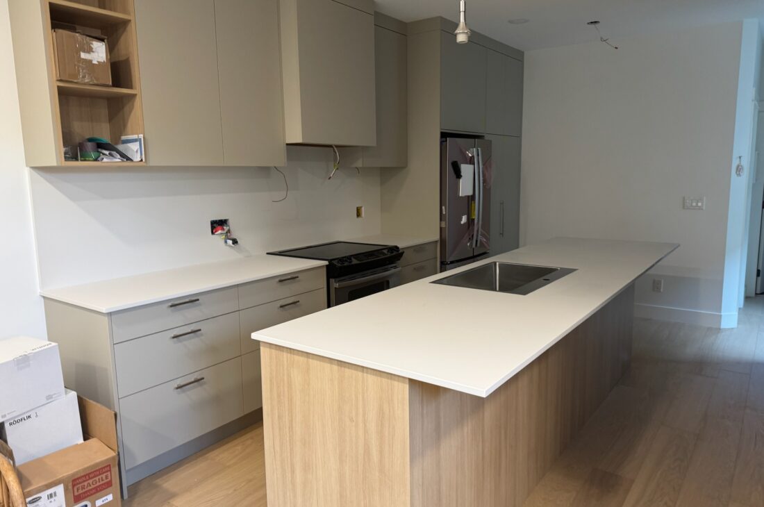 Kitchen Dekton countertop and backsplash installation in Metro Vancouver including Vancouver, Burnaby, Coquitlam, Surrey, Delta, Maple Ridge, Port Coquitlam, North Vancouver, West Vancouver and Downtown Vancouver. Modern Dekton Zenith surfaces with seamless design and premium finish.