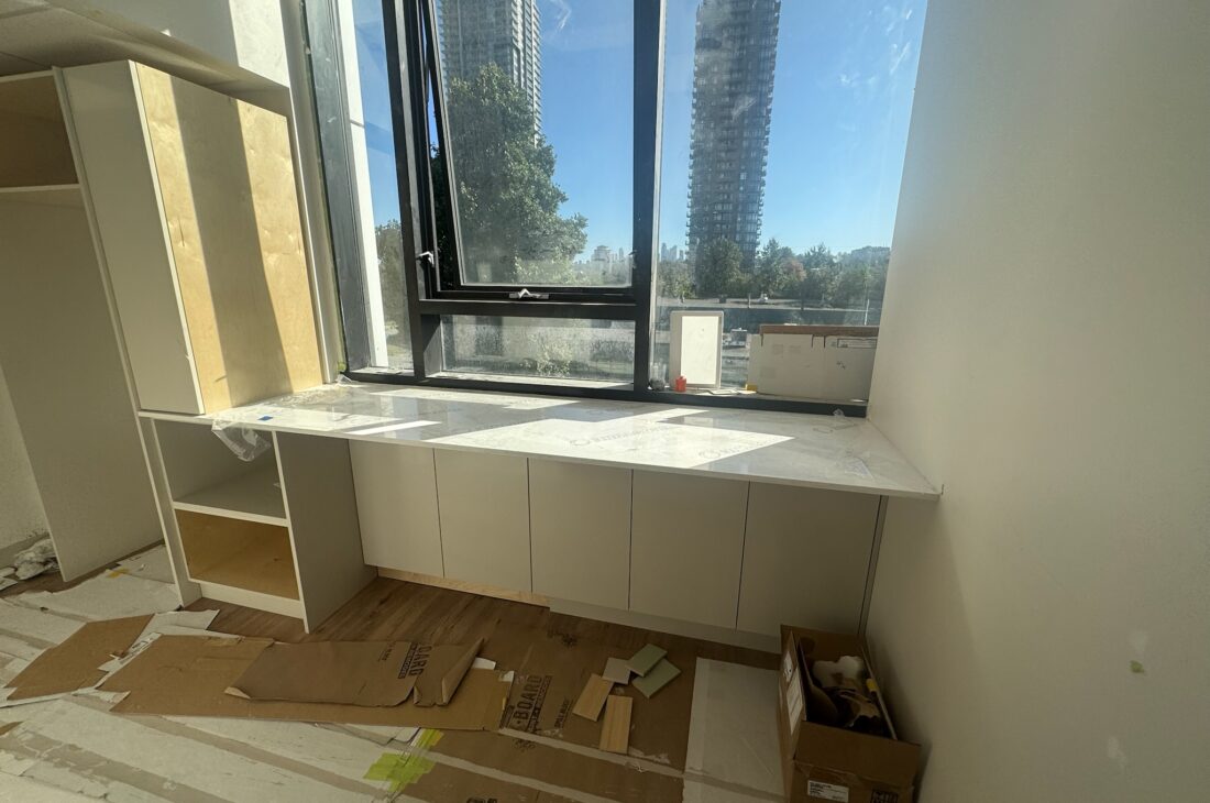 Commercial kitchen quartz countertop and dental clinic installation in Burnaby and Metro Vancouver including Vancouver, Coquitlam, Surrey, Delta, Maple Ridge, Port Coquitlam, North Vancouver and West Vancouver. Vicostone Marmorios quartz surfaces with hygienic, durable finish.