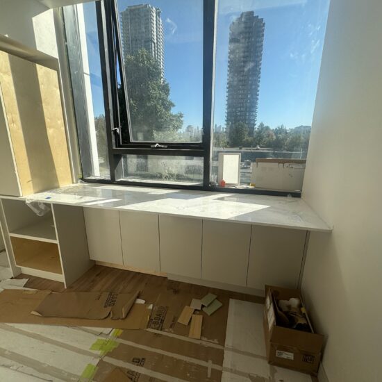 Commercial kitchen quartz countertop and dental clinic installation in Burnaby and Metro Vancouver including Vancouver, Coquitlam, Surrey, Delta, Maple Ridge, Port Coquitlam, North Vancouver and West Vancouver. Vicostone Marmorios quartz surfaces with hygienic, durable finish.